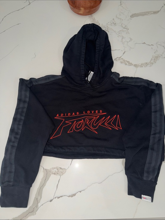 Fiorucci Tops - Adidas/ Fiorucci Black Cropped Hoodie with Orange Graphic